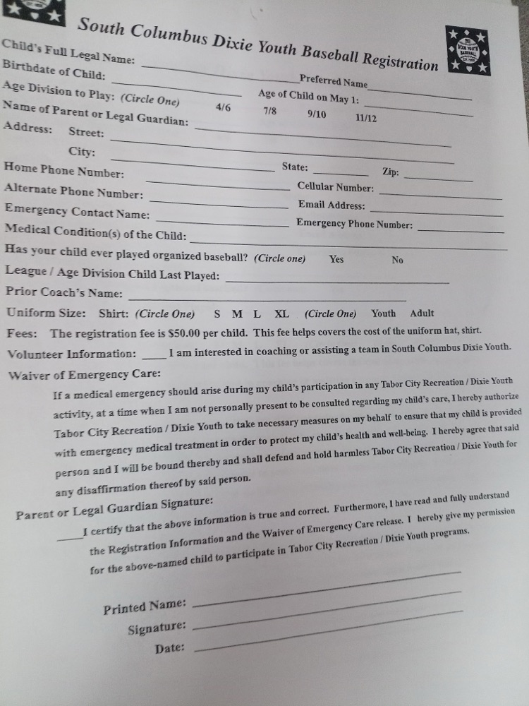 Dixie Youth Baseball Registration
