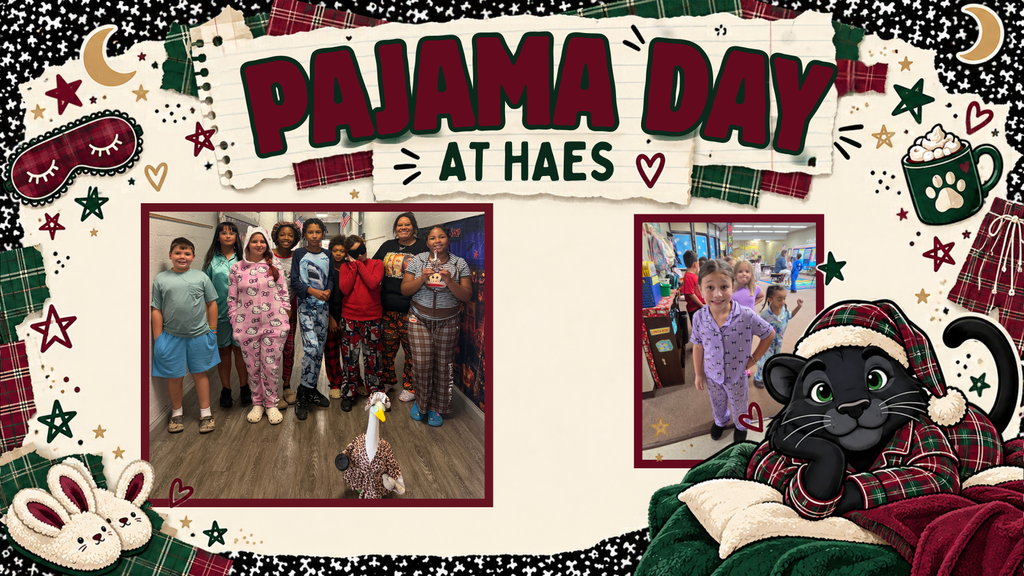 Students wearing pajamas stand together in a classroom at Hallsboro-Artesia Elementary School during Pajama Day