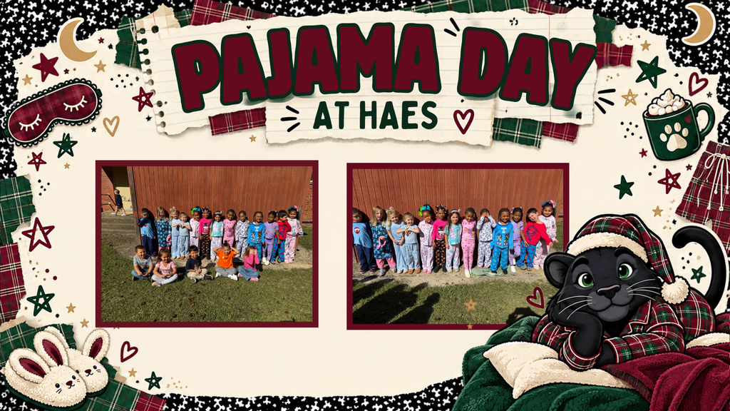 Students wearing pajamas stand together outside  at Hallsboro-Artesia Elementary School during Pajama Day