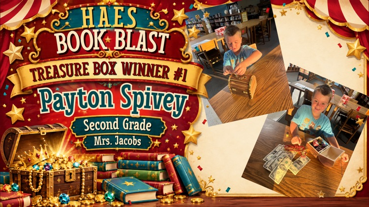Payton Spivey from Mrs. Jacobs’ second-grade class opens his treasure box as HAES Book Blast Treasure Box Winner #1! 