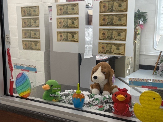 Cook Elementary AR Challenge prizes. 