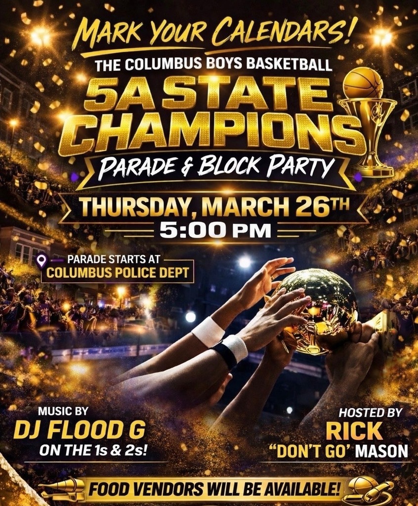 Championship Parade will be this evening at 5 PM. It begins at the Columbus Police Department and will end at 5th and Main Streets with a ceremony. 