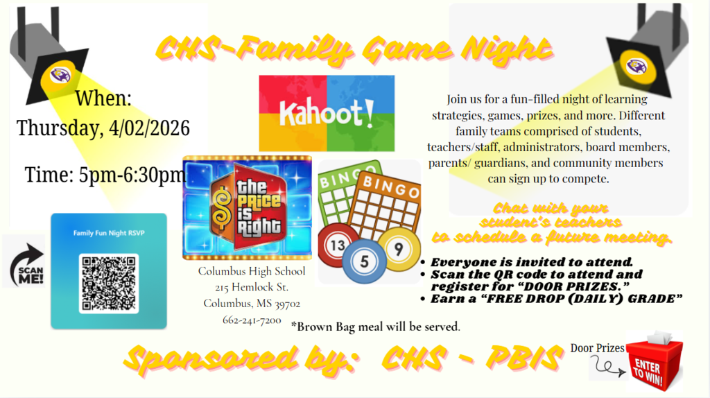 Family game night at CHS this Thursday from 5-6:30 PM