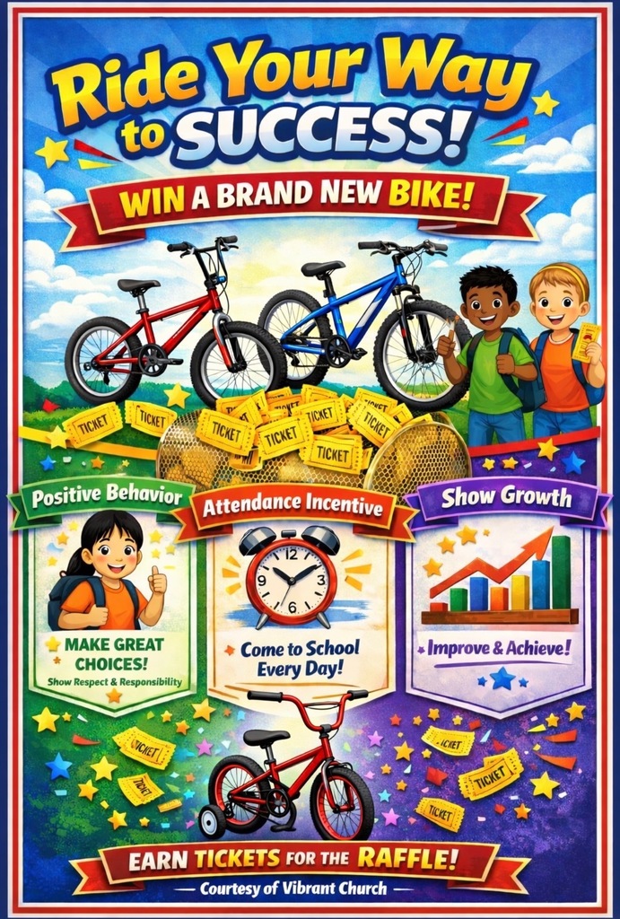 Stokes-Beard Elementary students could win a bike, courtesy of Vibrant Church. Positive behavior, attendance, and academic growth will get students into the drawing.