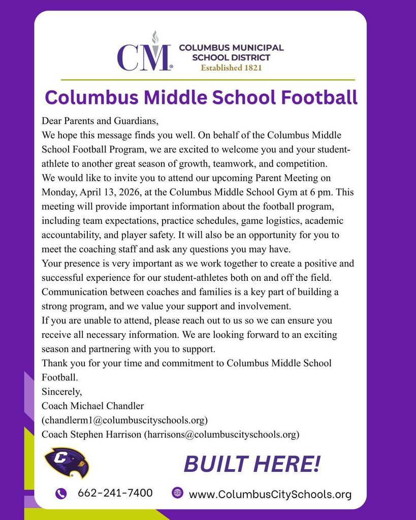 Columbus Middle School parents/guardians will meet April 13th in the CMS Gym at 6 PM.
