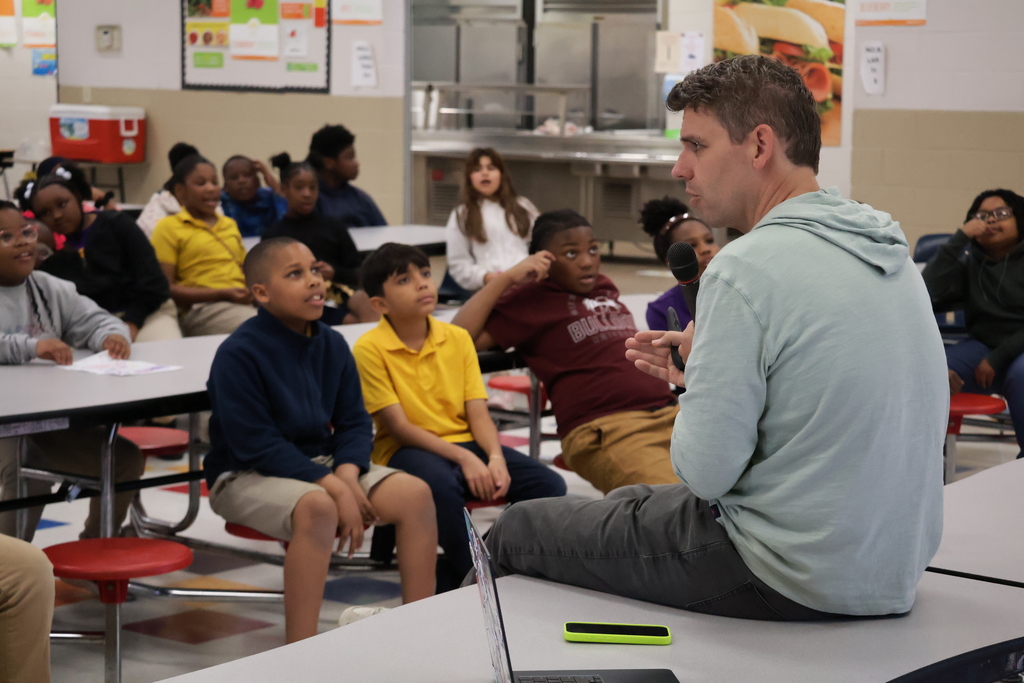 Stokes Beard Elementary students listen to author Max Brallier speak. 