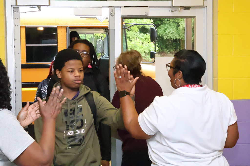 CMSD central office staff cheer on Columbus Middle School students before they take state tests. 
