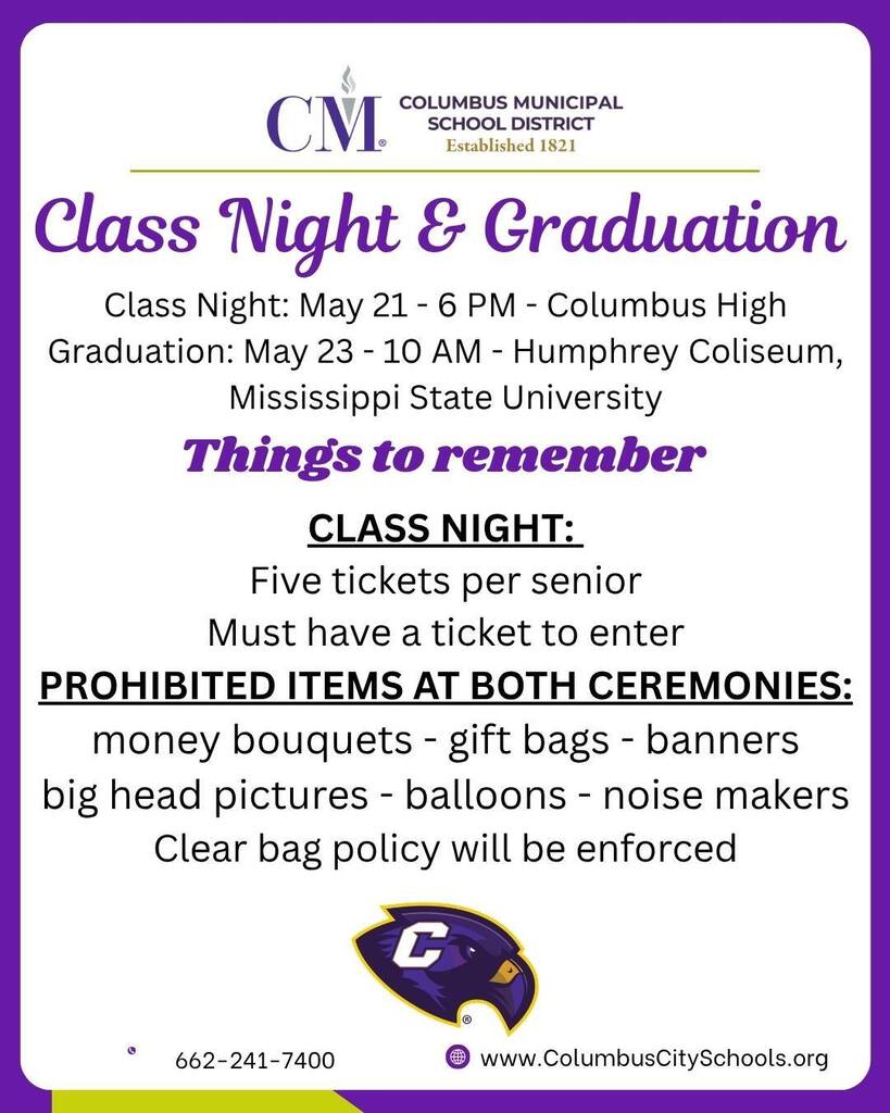 As we prepare to celebrate the accomplishments of the Class of 2026, here are a few safety reminders for friends and family. The policies are in place for Class Night and Graduation. Please share with everyone who plans to attend. We look forward to honoring our seniors!