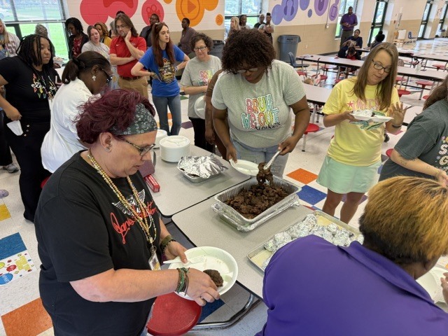 Stokes-Beard Elementary teachers and staff enjoy an end-of-the-year lunch. 