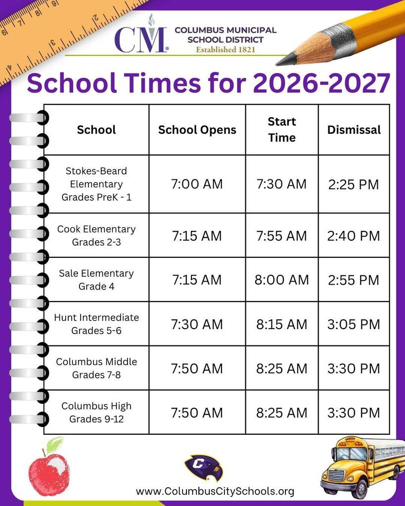 New school start times for the 2026-27 school year.