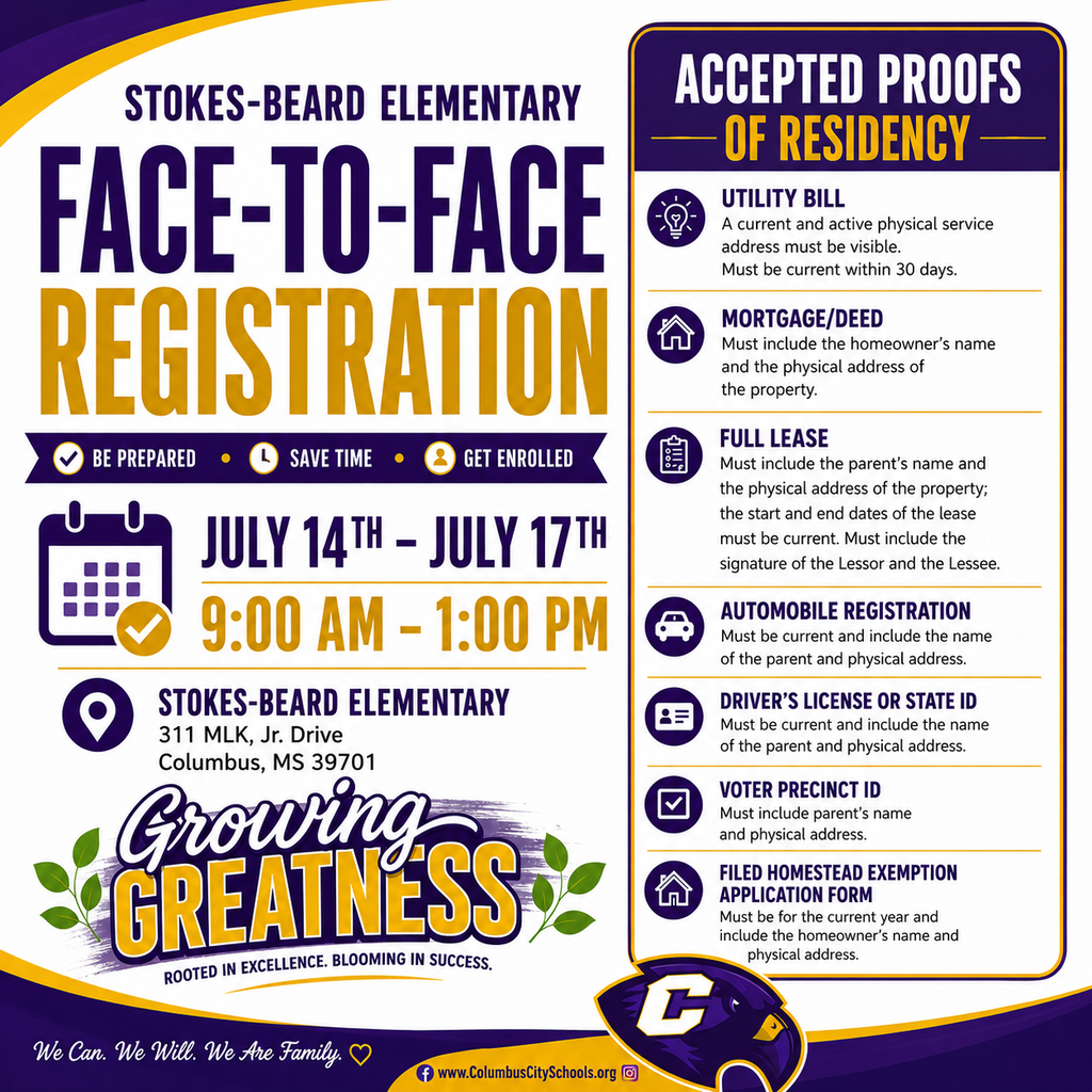 In-person registration is July 14-17 at Stokes Beard Elementary from 9 AM until 1 PM.