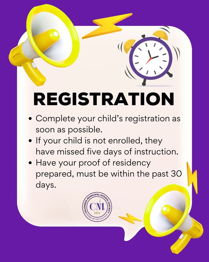 Complete your child's registration as soon as possible. If your child is not enrolled, they have missed five days of instruction. Have your proof of residency prepared, must be withing the past 30 days.