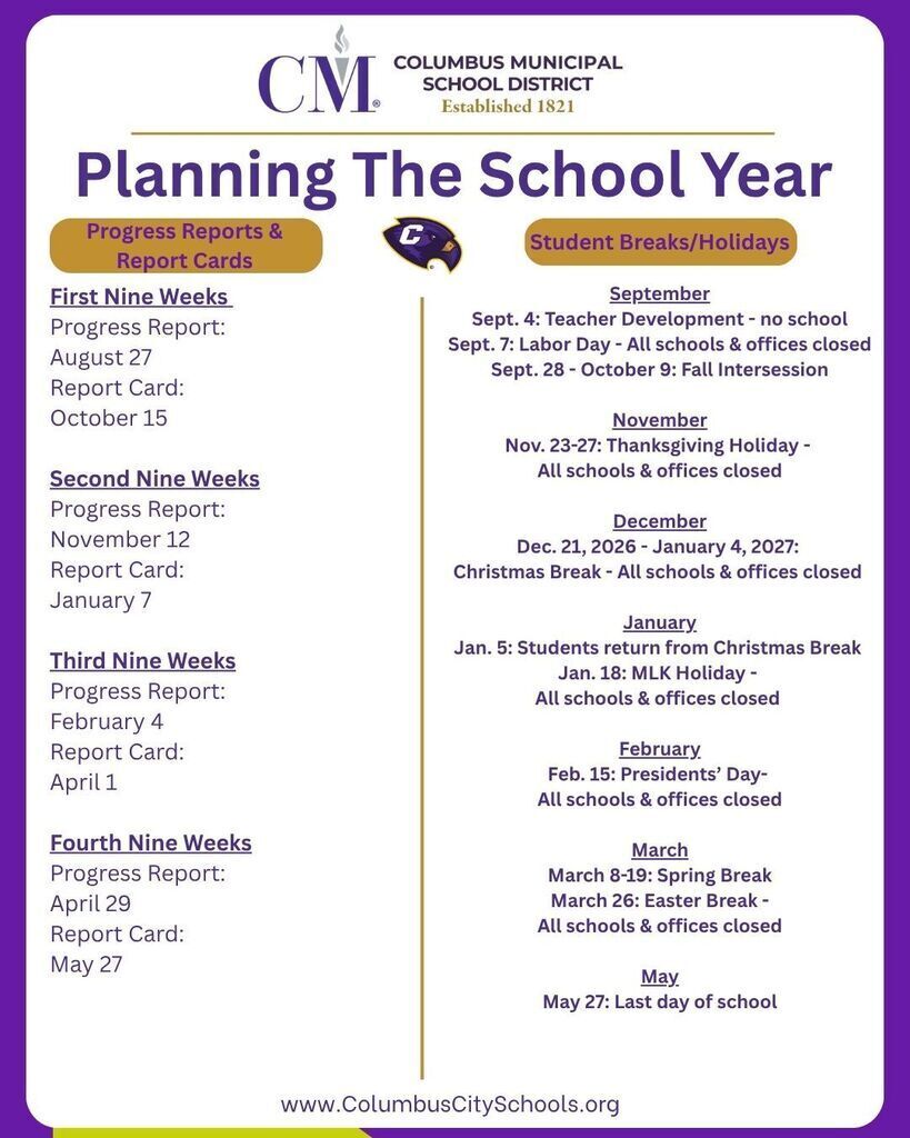 Important dates to remember for the this school year.