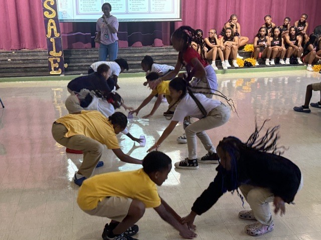 Sale Elementary students participate in a game during a PBIS pep rally. 