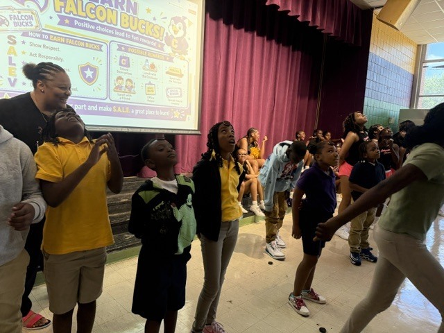 Sale Elementary students participate in a game during a PBIS pep rally. 