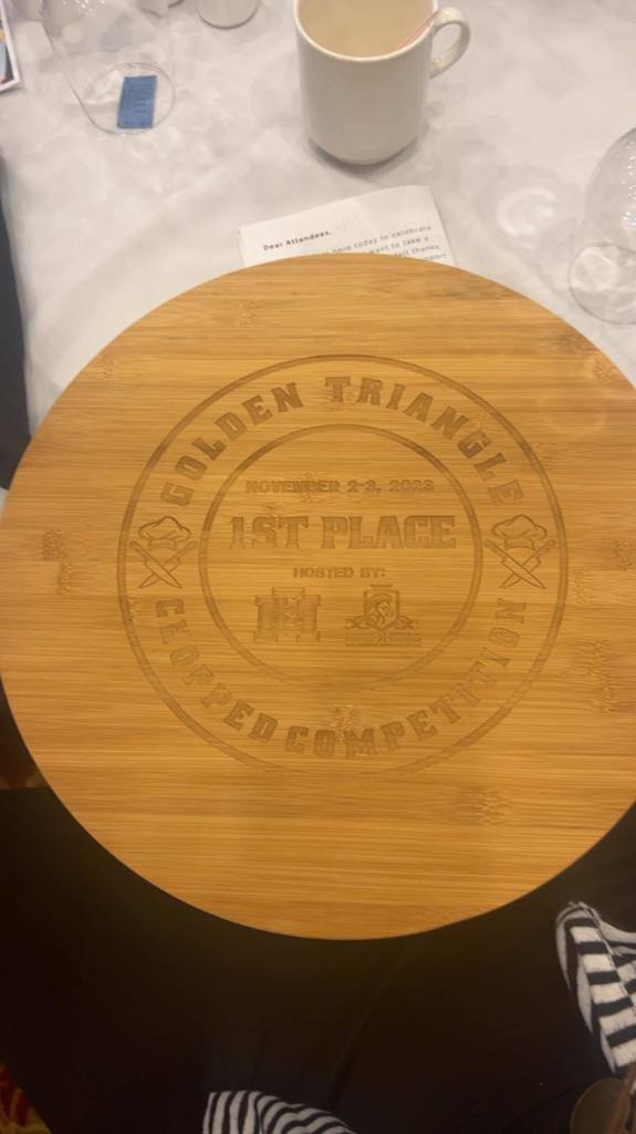 The 1st place plaque for the Golden Triangle Chopped Competition. 