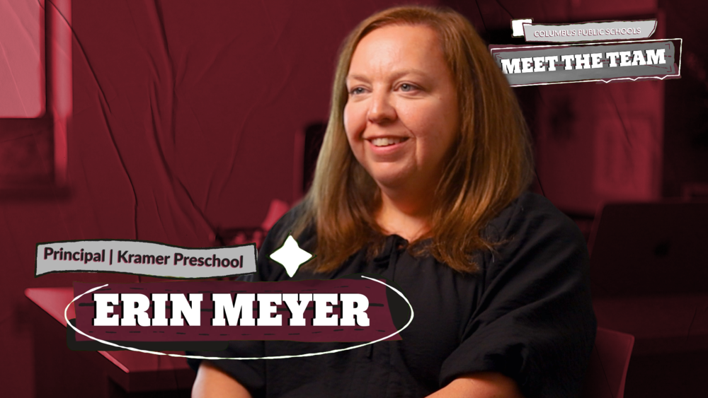 Kramer Principal Erin Meyer sits during an interview. The image is colorized maroon in the background and is a thumbnail for video.