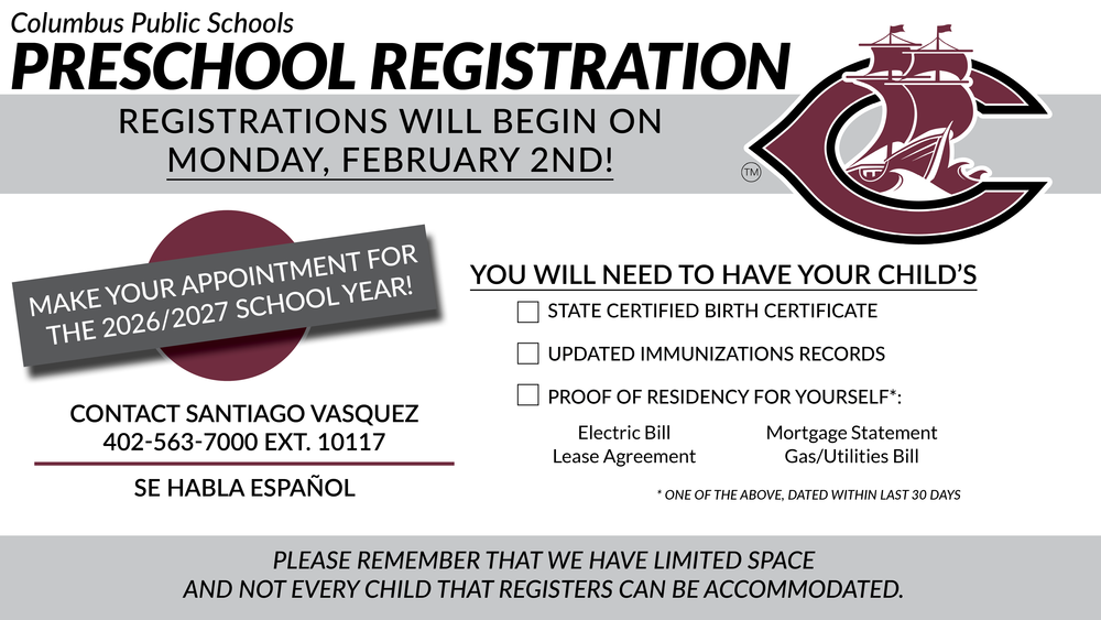 A graphic showing date, time and location of preschool registration at Columbus Public Schools.