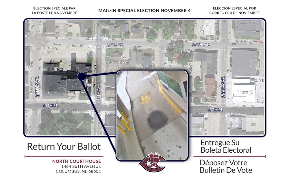 map and description of where to return a ballot 1464 26th ave Columbus, NE