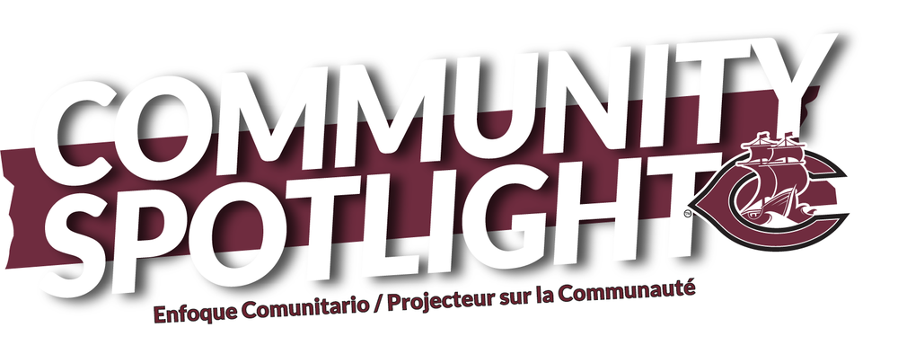 The text Community Spotlight is placed over a maroon strip with the Spanish and French translations below. The CPS logo, a ship inside the letter C is placed on the right.