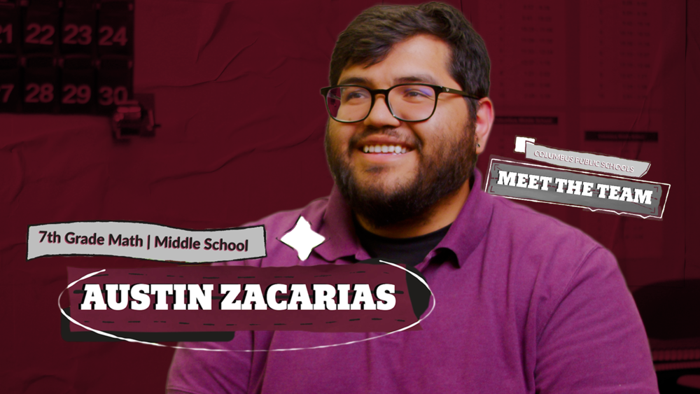 Austin Zacarias, 7th-grade math teacher, smiles in this frame captured from video. A nameline is in the lower left. And "Meet The Team" logo is on the right.