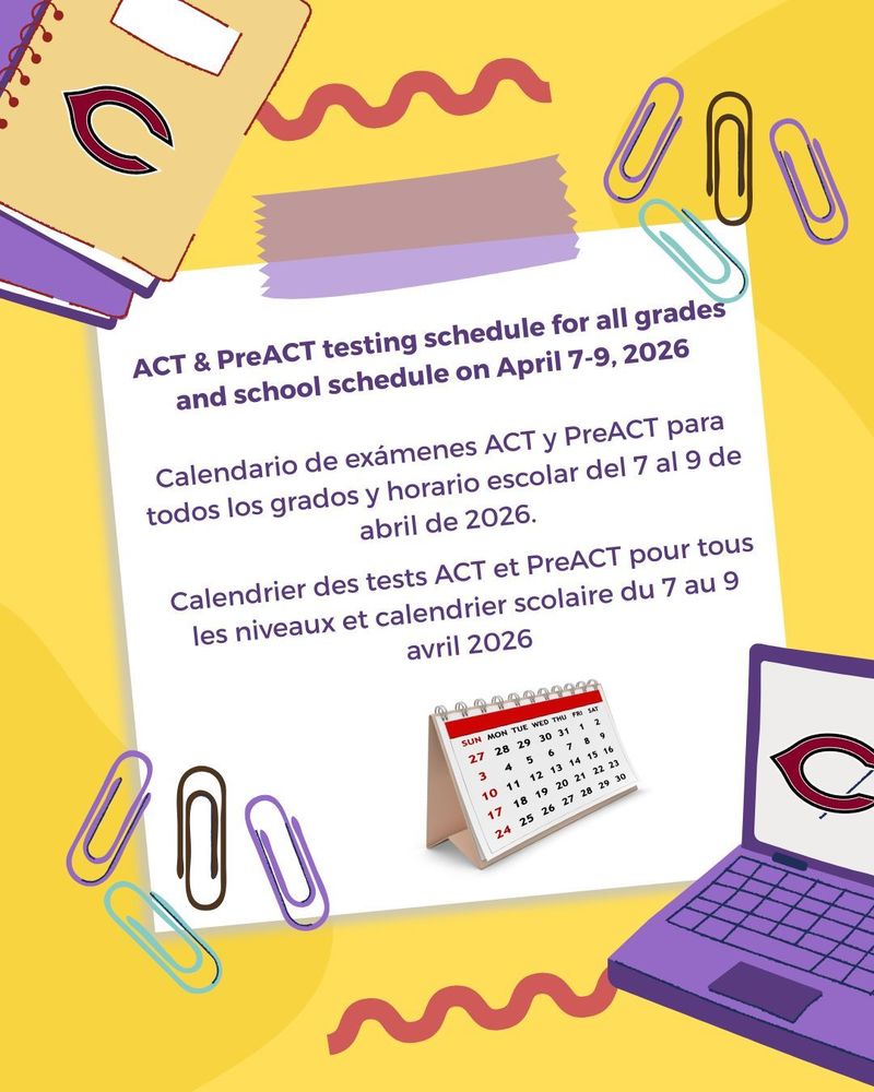 ACT information in English, Spanish, & French.  Notebooks, computer, paper clips, and calendar with the information.