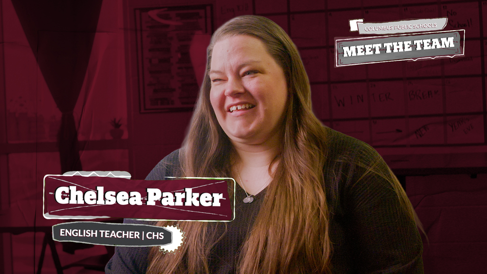 An image of CHS English teacher Chelsea Parker with a stylized maroon background. Two blocks of text say "Chelsea Parker, English Teacher | CHS," and "Columbus Public Schools, Meet The Team."