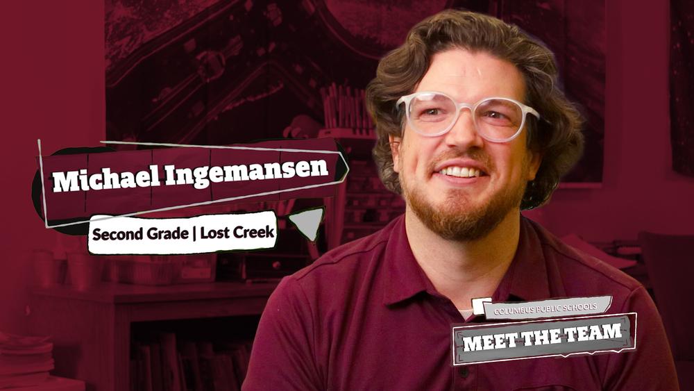 An image of second-grade teacher Michael Ingemansen with two text designs saying his name, grade and school. Plus the Meet The Team logo.