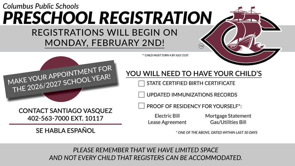 A graphic showing date, time and location of preschool registration at Columbus Public Schools.