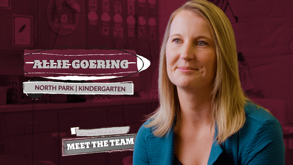 A still of kindergarten teacher Allie Goering with a logo and her name.