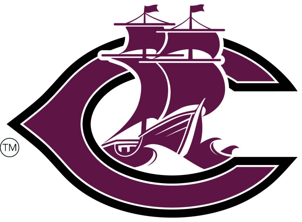 columbus logo maroon c with ship inside. the c is outlined in a thin white line followed by a thicker black line
