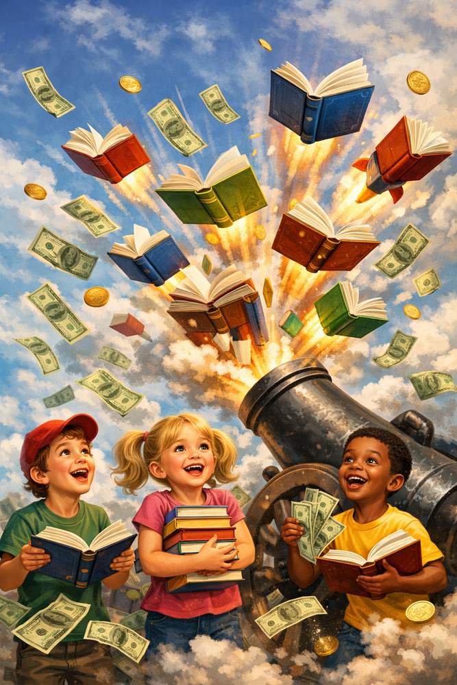 Books blasting out of cannon