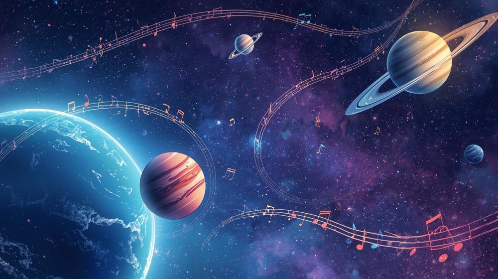 solar system with music notes throughout