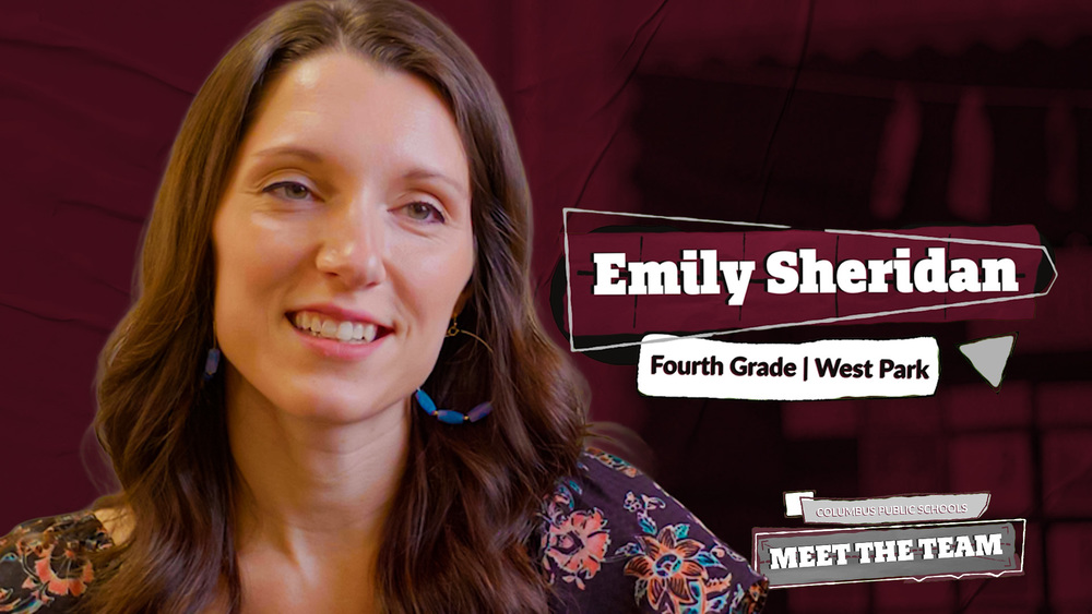 A still image of an interview with Emily Sheridan is used in a graphic that features her name and title. She is a 4th Grade Teacher at West Park Elementary.
