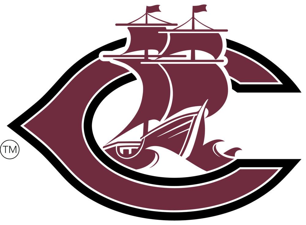 columbus logo - C with Ship inside, maroon, white and black