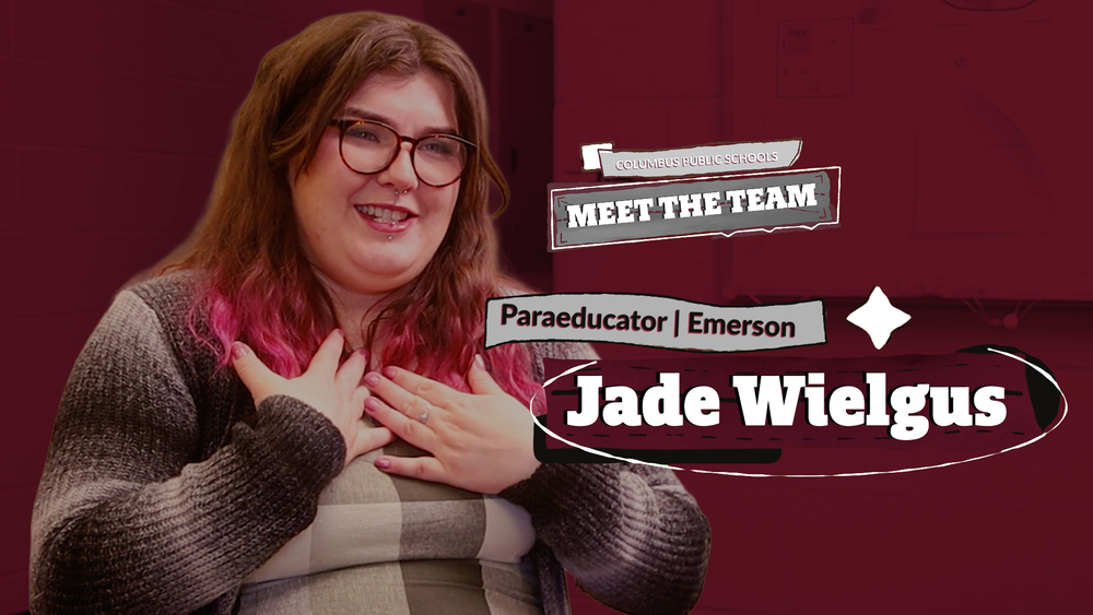 Jade Wieglus smiles in this photo graphic. Two images are above it.