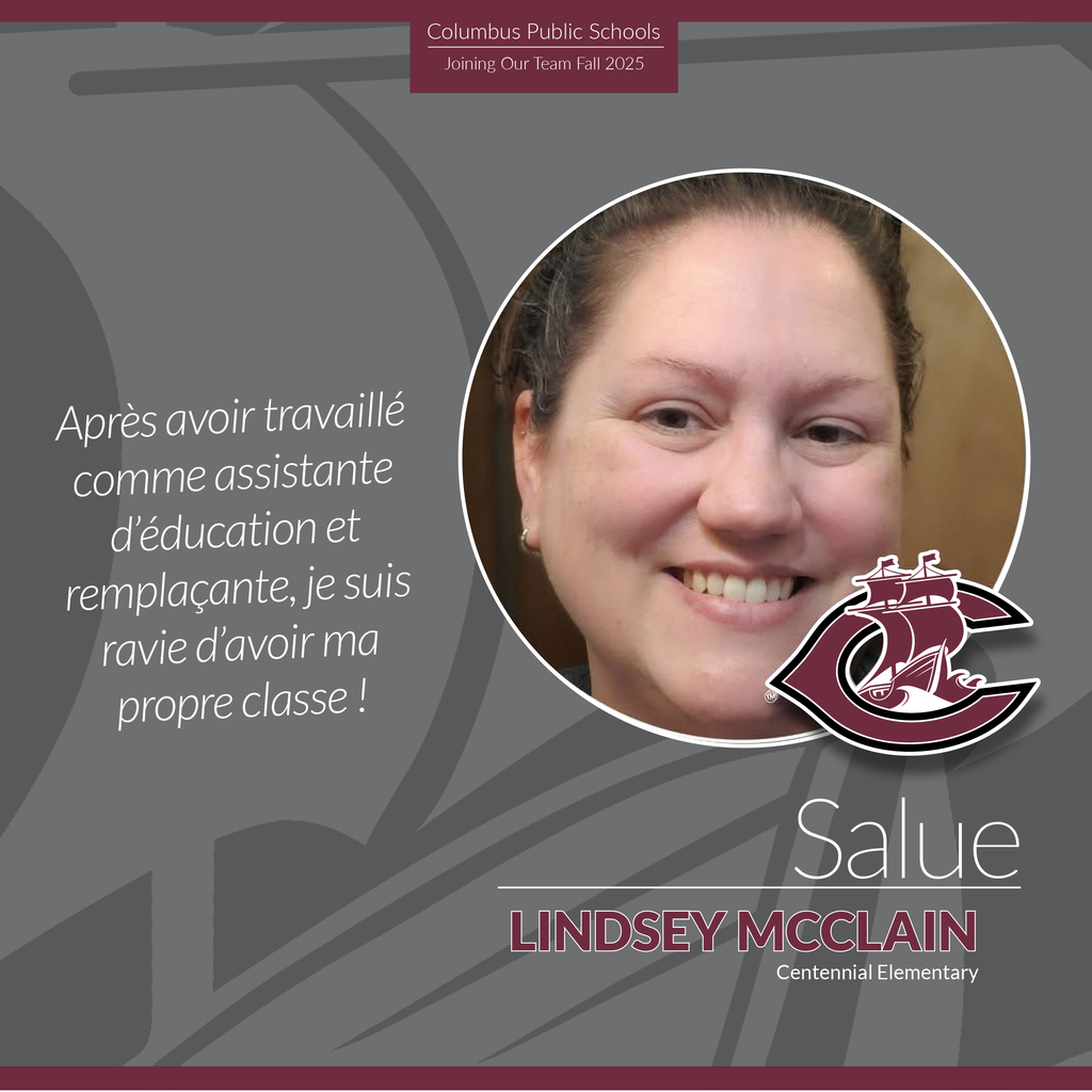 A graphic displaying a mug shot of Lindsey McClain next to a quote saying "After working as a para & substitute, I am excited about getting my own classroom!"  in French.