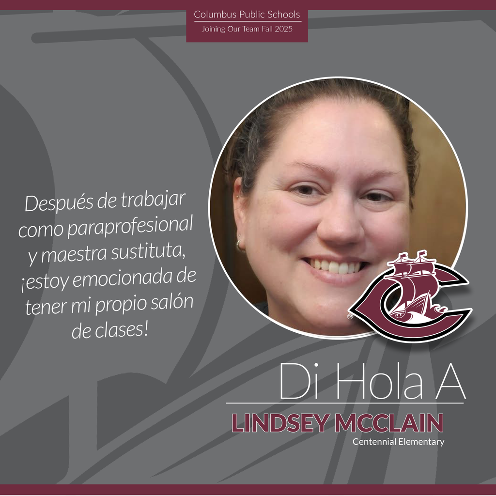 A graphic displaying a mug shot of Lindsey McClain next to a quote saying "After working as a para & substitute, I am excited about getting my own classroom!"  in Spanish.