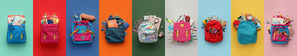A series of backpacks full of school are photographed sitting on brightly colored backgrounds.