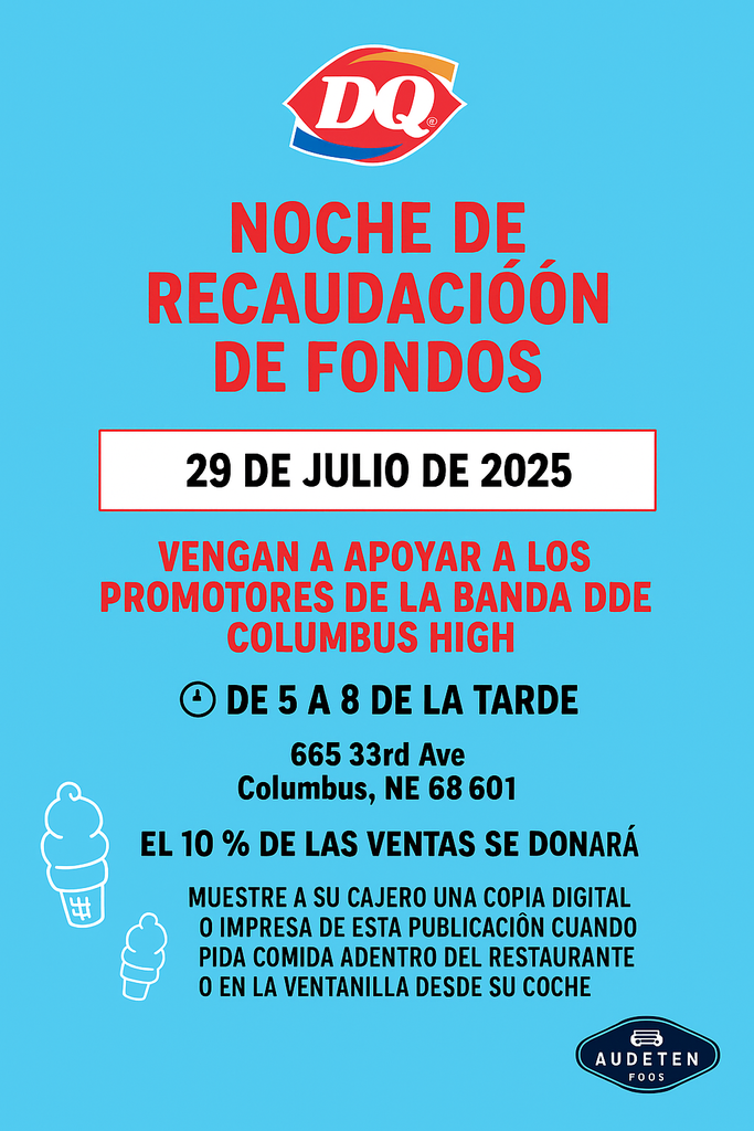 Spanish DQ night flyer july 29th 5-8 pm to support the discoverer band boosters