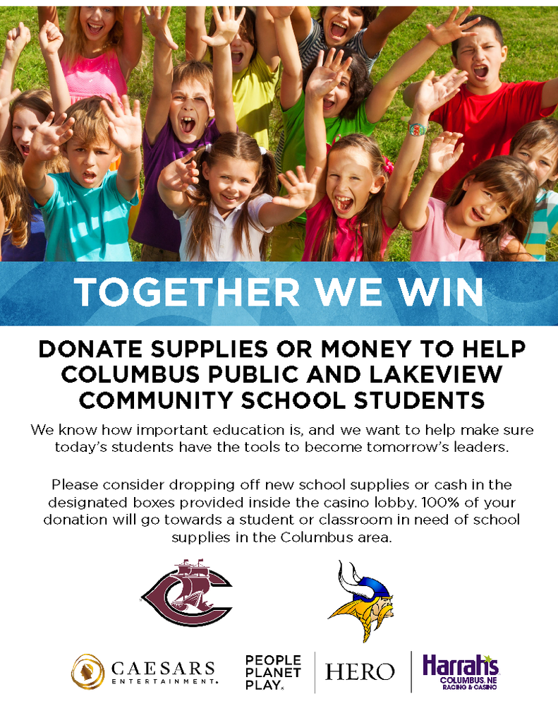 Flyer requesting donations of school supplies for CHS and Lakeview