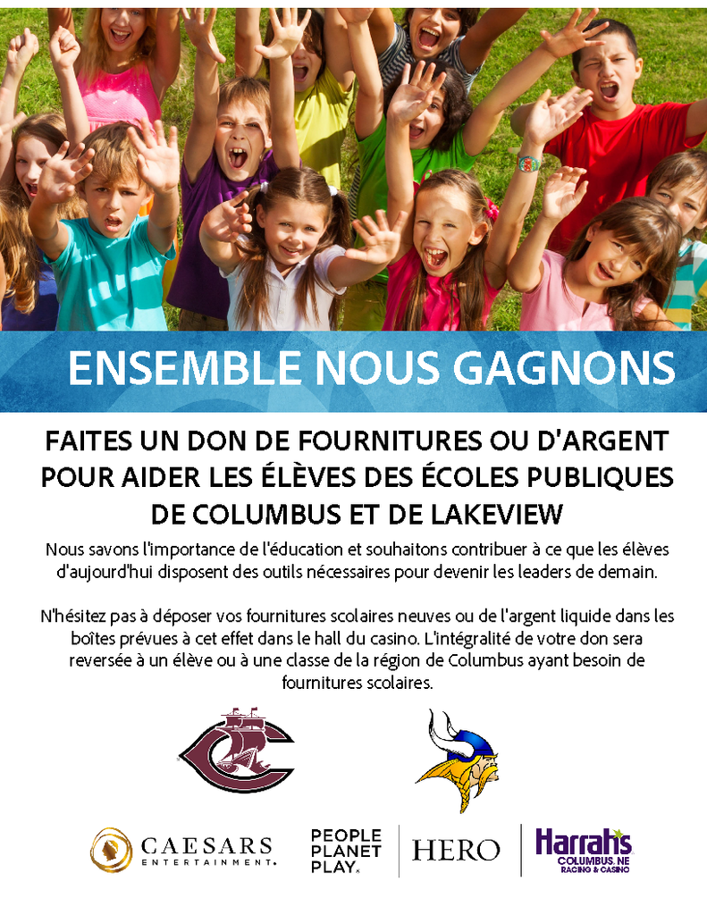 Flyer requesting donations of school supplies for CHS and Lakeview in french