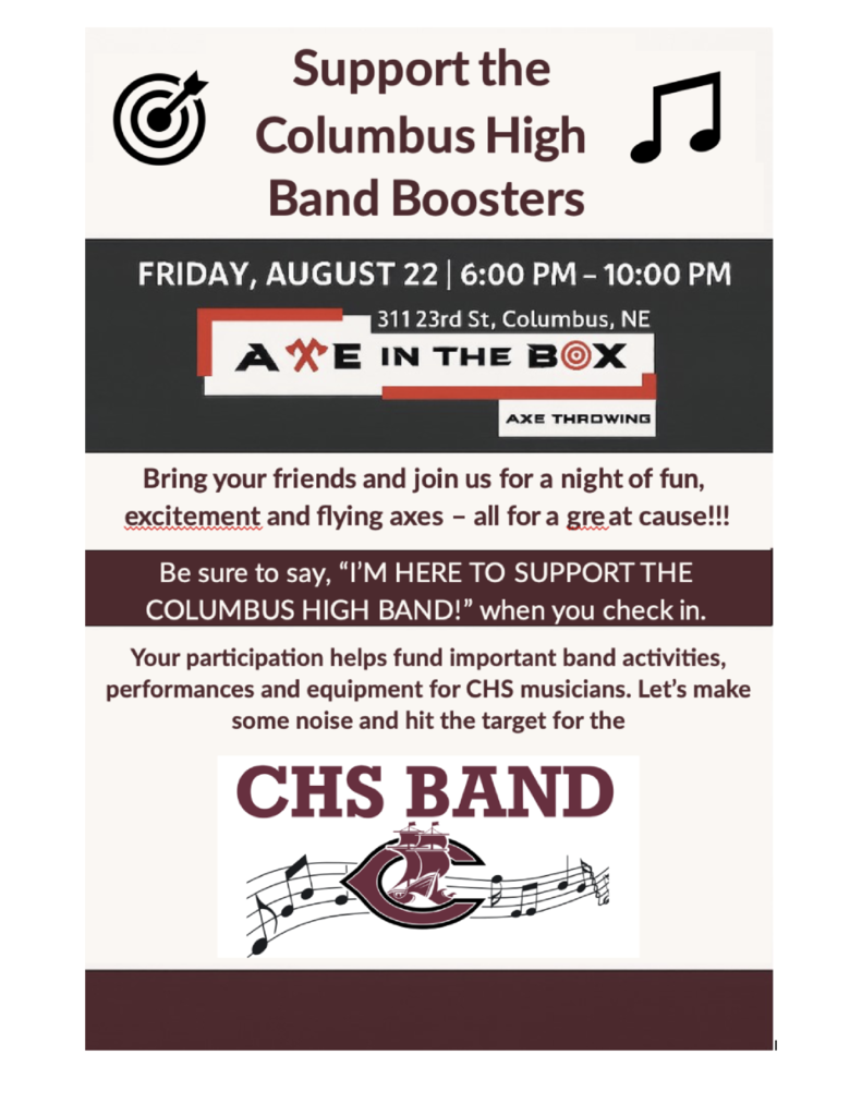 Axe in the box band fundraiser flyer august 22 6pm-10pm
