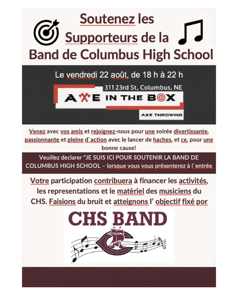 Axe in the box band fundraiser flyer august 22 6pm-10pm french
