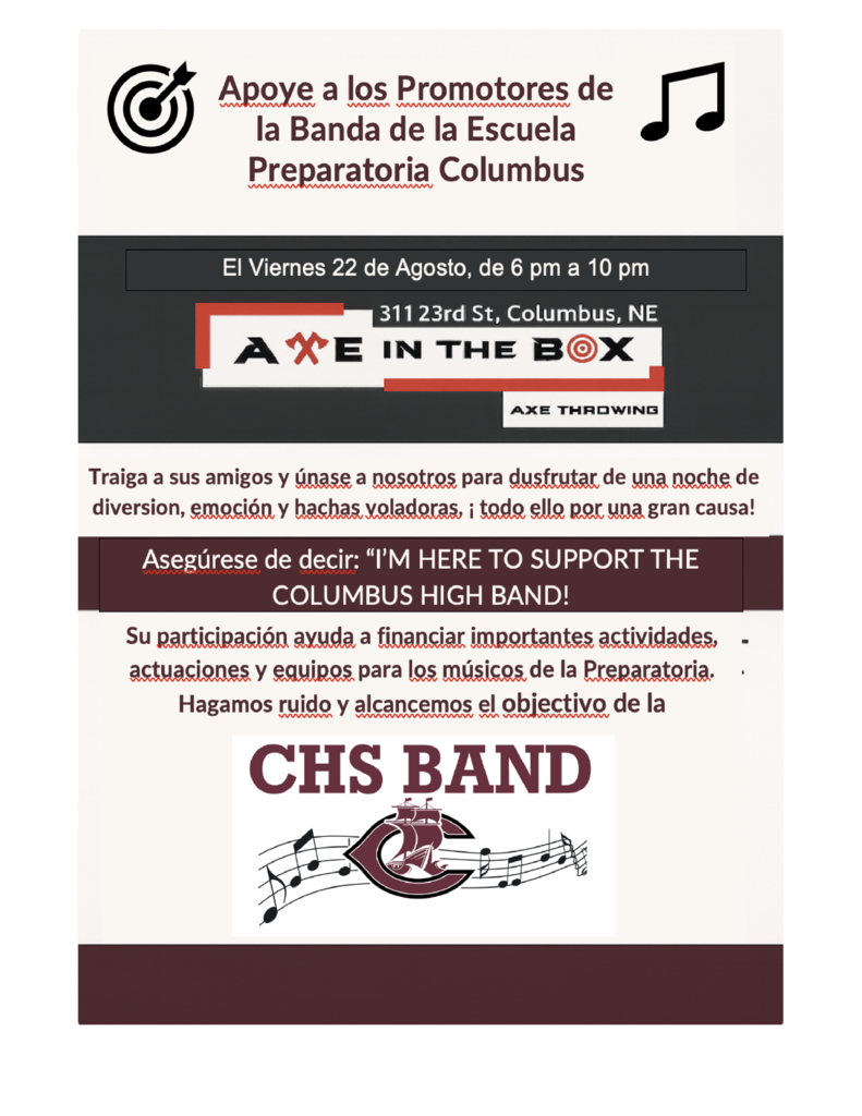 Axe in the box band fundraiser flyer august 22 6pm-10pm spanish