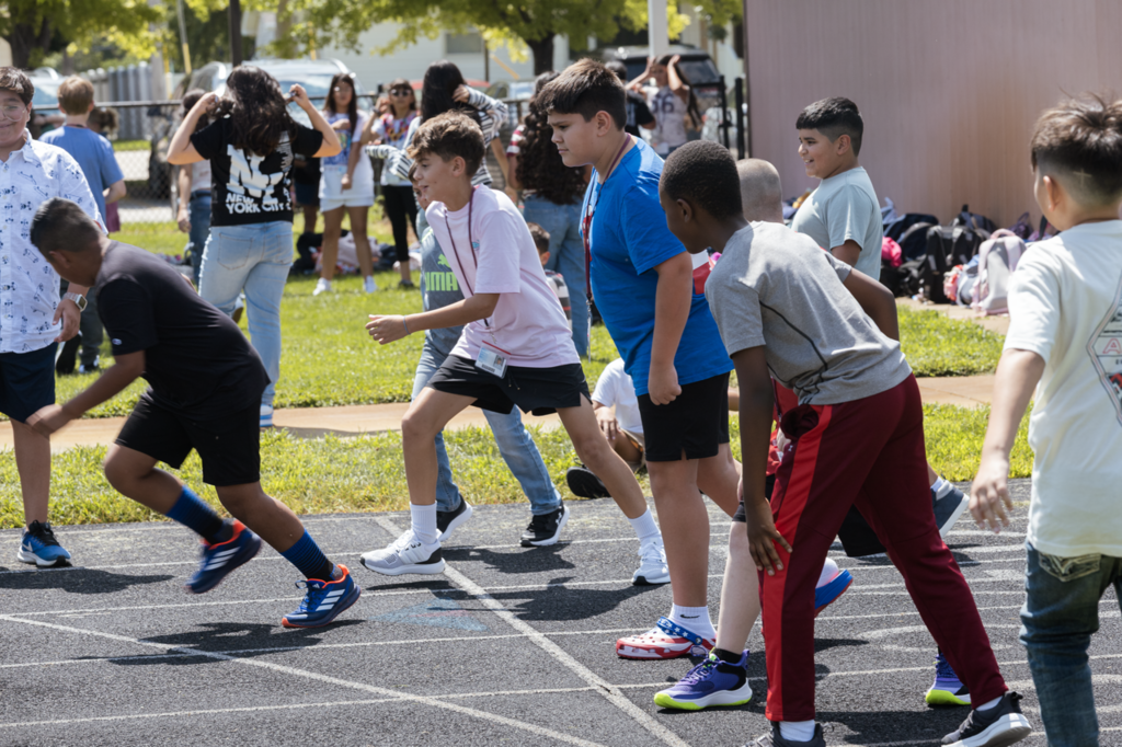 A group of CMS 5th-grade boys line-up to start a race during ALO time on their first day at the middle school.