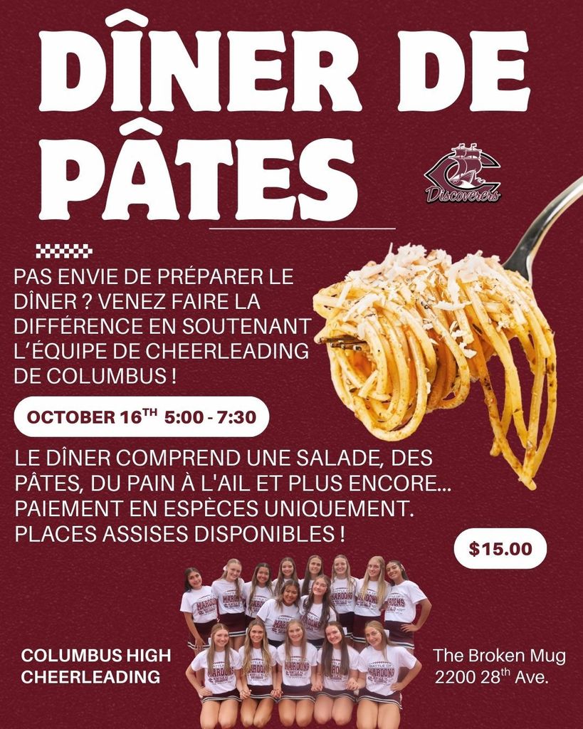 Discoverer cheer pasta fundraiser flyer in french