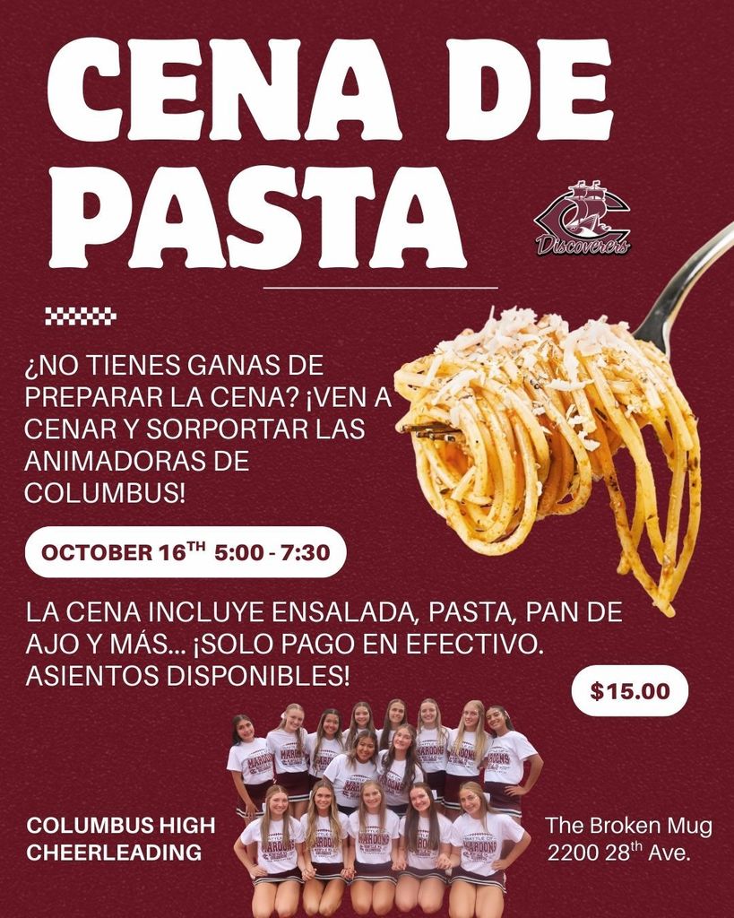 Discoverer cheer pasta fundraiser flyer in spanish