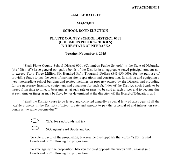 November 4th Sample Ballot for school bond election asking to build a grade 4-5 intermediate building $43.6 million