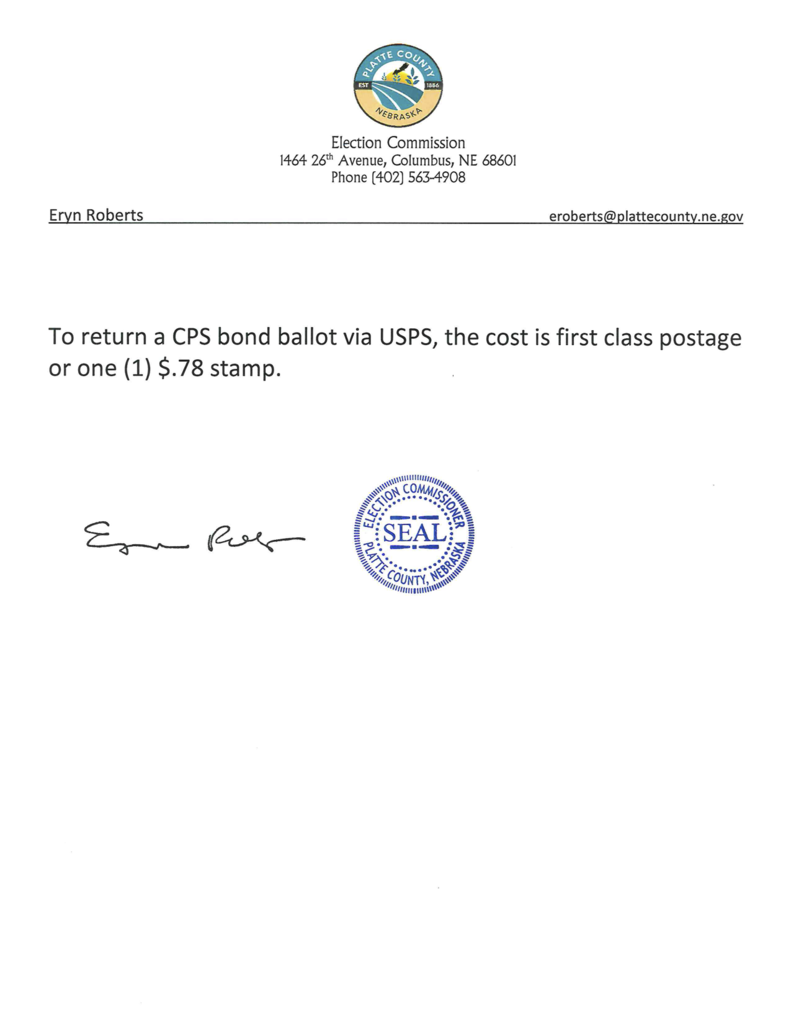 letter from platte county election commission that the cost of mailing in a ballot is 1 stamp or .78 cents